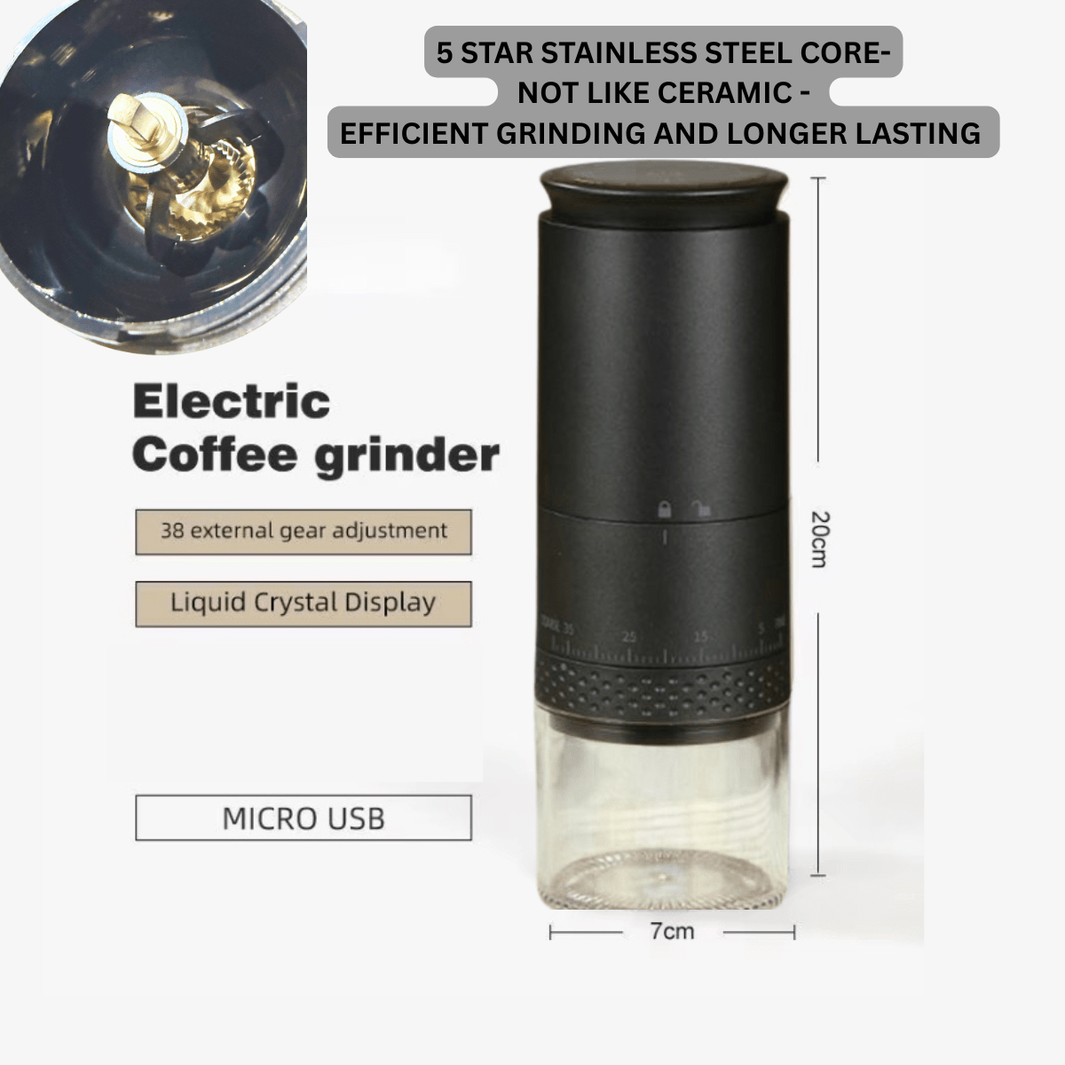 USB - C Rechargeable Coffee Grinder – Stainless Steel Burr | 38 Precision Settings - Baristas Tools