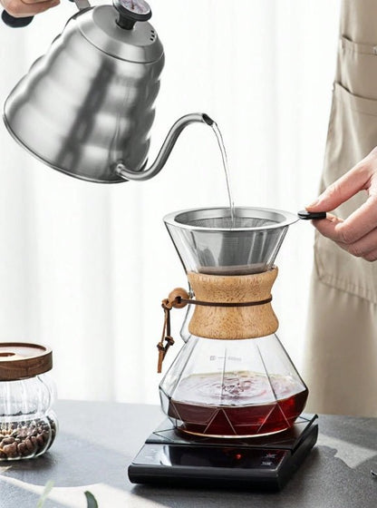 V60 Pour Over Kettle – 1000ml Silver Stainless Steel with Thermometer - Baristas Tools