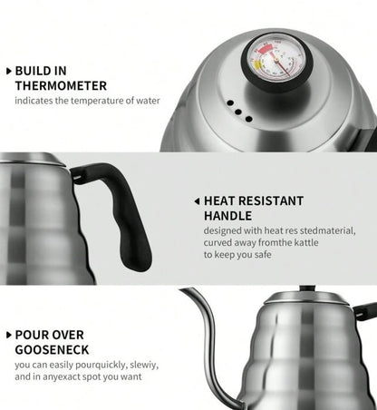 V60 Pour Over Kettle – 1000ml Silver Stainless Steel with Thermometer - Baristas Tools